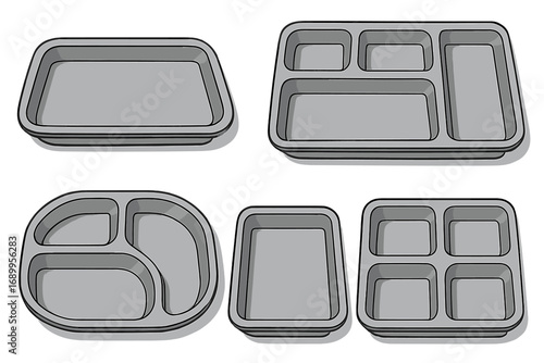 Various styles of gray food trays with multiple compartments, meal prep trays, cafeteria dining plates, segmented plates, reusable trays, vector cartoon illustration