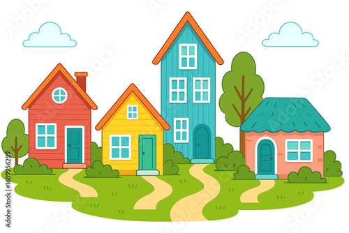 Colorful cartoon houses set. Cute suburban neighborhood with different homes and trees. Vector illustration for real estate or community concepts. Cheerful townscape in flat design style.