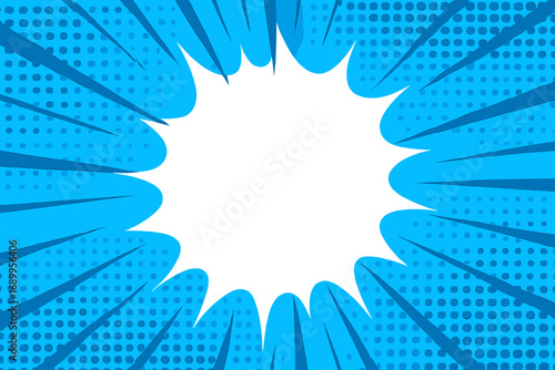 Pop art comic background in blue. Abstract cartoon vector with empty explosion speech bubble for text. Retro design with halftone dots pattern and radial zoom lines. Burst effect.