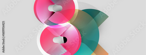Abstract design features overlapping pink, teal circles. White shapes accent composition. Modern, minimalist aesthetic. Clean lines, gradient hues present.
