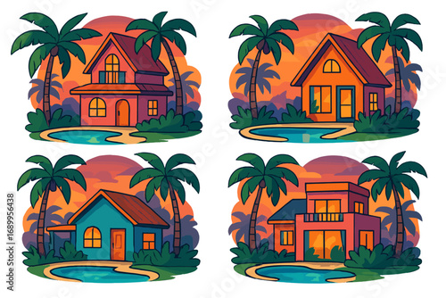 Vibrant tropical homes with swimming pools at sunset, colorful cartoon vector illustration set of modern houses with palm trees, evening glow, and relaxing atmosphere