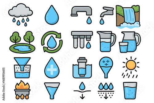 Water sources and purification methods icons. Educational vector cartoon illustration with clean water, filtration, recycling, natural sources, and water cycle concept.