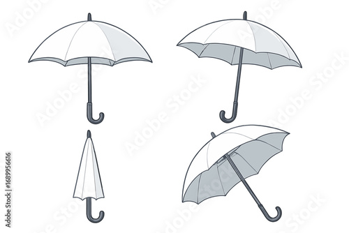White umbrella displayed from multiple angles in a bright minimalist setting, vector cartoon illustration with transparent background, detailed ordered set for graphic design and stock use