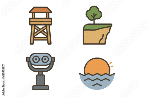 Scenic viewpoint icons collection. Flat vector icon set for photo stops, lookout tower, cliff edge, and vista binoculars. Nature travel, tourism, and park observation concept.