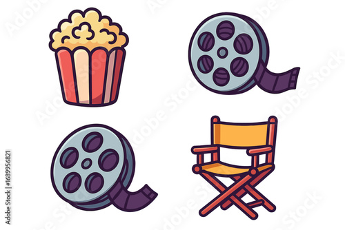 Movie and cinema icon set. Vector cartoon illustration of popcorn, film reel, director's chair. Symbols for film production, entertainment, movie night, and cinematic design.