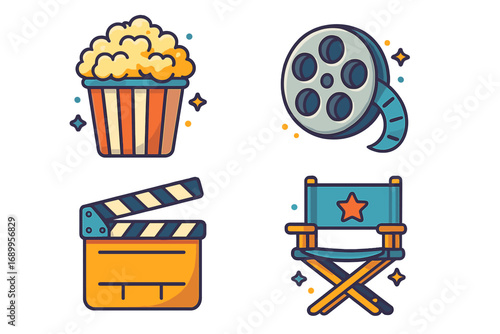 Cinema and movie production icon set. Vector cartoon illustration of a film reel, popcorn, director chair, and clapperboard. Flat design elements for entertainment and filmmaking.