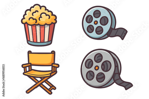 Movie icon set. Vector cartoon collection for cinema and film production. Includes popcorn, director's chair, and film reel. Entertainment, hollywood, and movie making concept.
