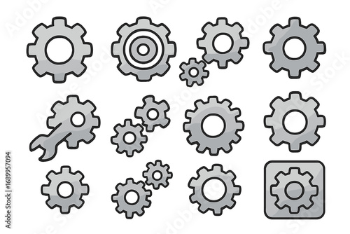 Settings Gear Icon Set, Mechanism Cogwheel Symbols Collection, Vector Icons, Cartoon Style Mechanical Gears with Transparent Background, Organized 3rd Edition