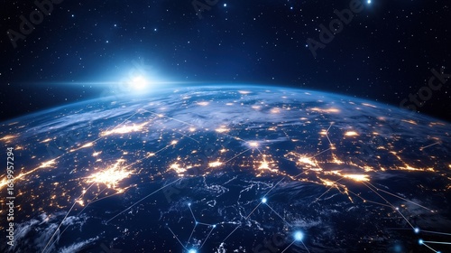 Fototapeta Naklejka Na Ścianę i Meble -  Earth's digital network illuminating continents from space with a rising sun beyond the horizon