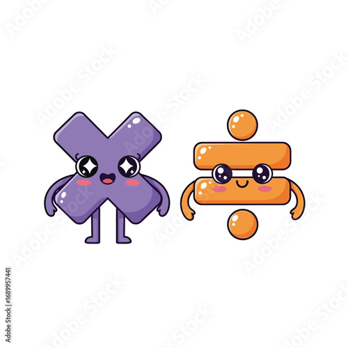 Adorable cartoon multiplication and division symbols with cute faces. Funny kawaii math character mascots for school and learning, isolated on a white background