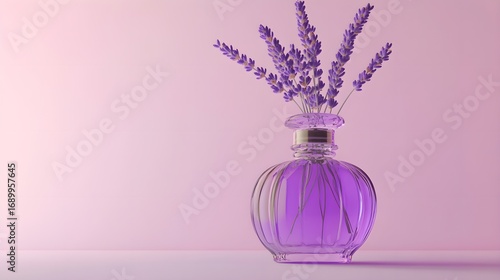 Purple Glass Perfume Bottle Mockup Lavender Flowers Pink Background