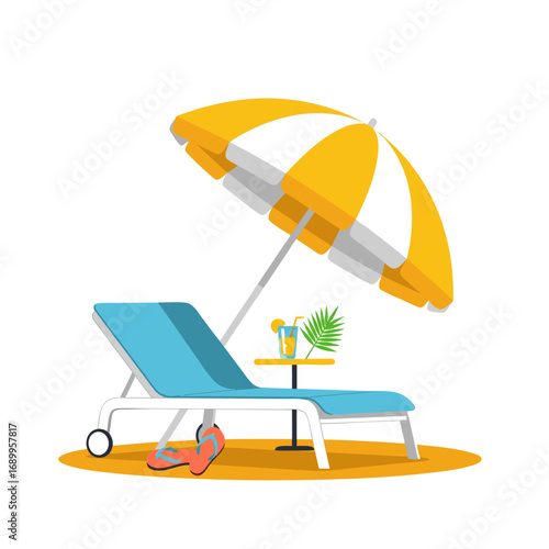Summer Beach Relaxation – Sunbed with Umbrella, Cocktail, and Flip Flops on Sand