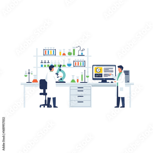 Scientific Laboratory Illustration – Researchers Working with Microscope and Computer in Modern Lab
