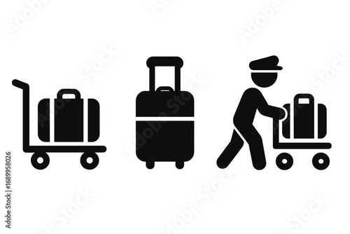 Travel icon set with solid filled style, including luggage trolley with suitcase, suitcase with extendable handle, airport porter pushing baggage cart, vector cartoon illustration