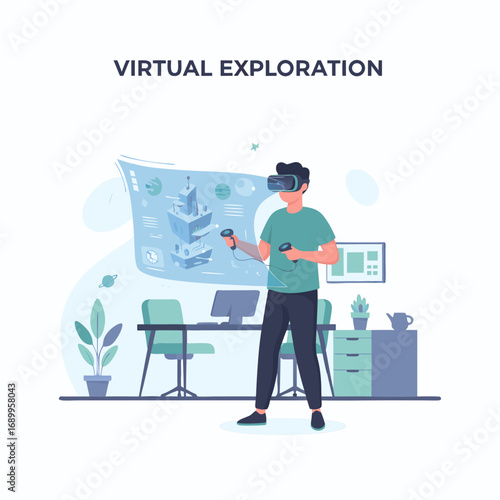 Man using virtual reality headset for 3D architectural exploration in modern office, flat vector illustration