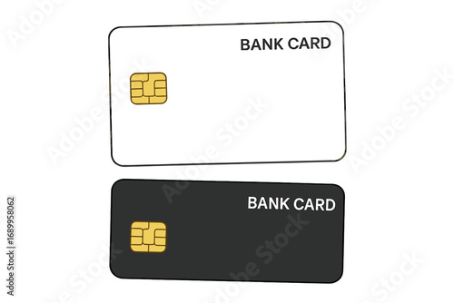 Two simple realistic empty bank cards in white and black colors on white background, vector cartoon illustration with transparent background, ordered set of modern credit debit cards