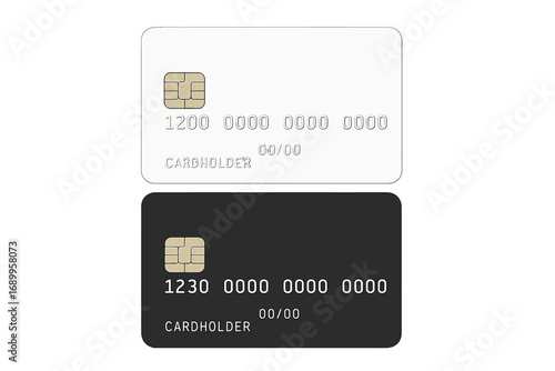 Two minimalistic realistic bank cards in white and black on clean white background. Vector cartoon illustration with transparent background. Simple elegant plastic card design ordered set.