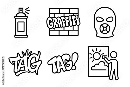 Urban art icon set, outline style vector graphics including spray can, graffiti wall, stencil mask, street tag, mural painting, street culture, urban creativity