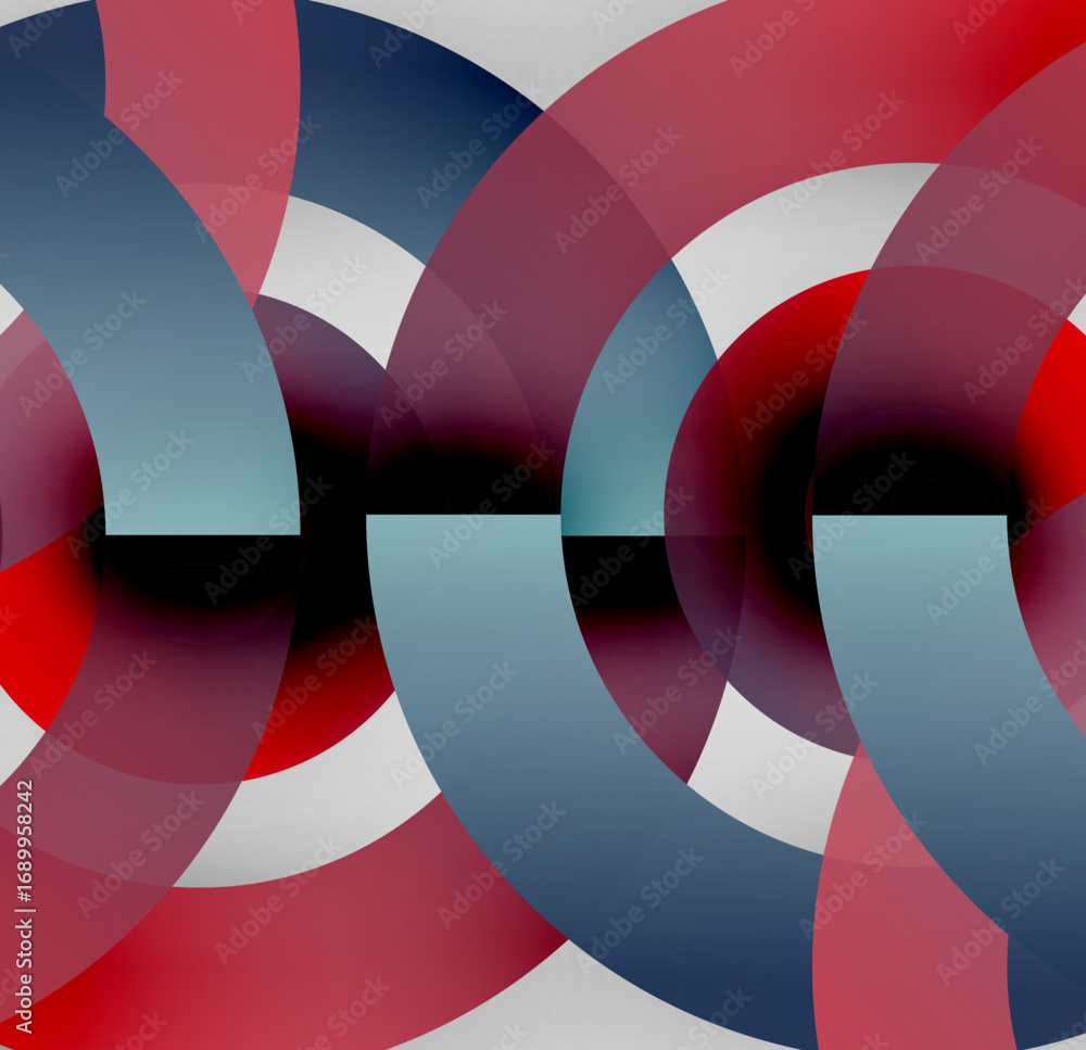 Obraz premium Abstract composition. Overlapping circles create dynamic visual effect. Red, gray, white, navy hues dominate design. Modern, geometric pattern.