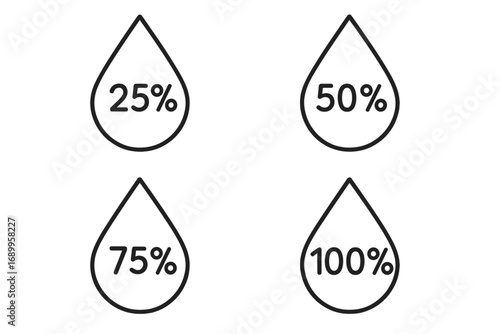 Water proportion icon set with raindrop percentage outlines, vector symbols collection, minimalist design, transparent background, ordered set illustrating 25%, 50%, 75%, and 100% fill levels