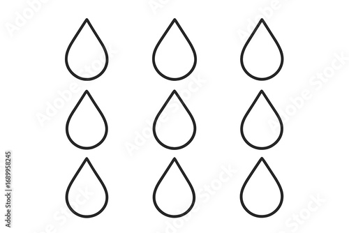 Water drop icon outline set, raindrop silhouette collection, vector icons, minimalist water droplet symbols, simple cartoon illustration, clear transparent background, ordered design set