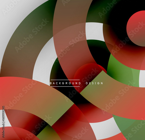 Abstract circles overlap, creating dynamic visual effect. Red, green, black, white hues blend smoothly. Modern design element.