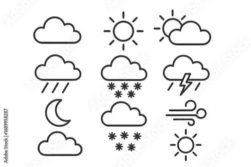 Weather icons set with outline symbols including clouds, sun, snowy snowflakes, wind, moon, sunny day, thunderstorm, rain, and night vector cartoon illustration