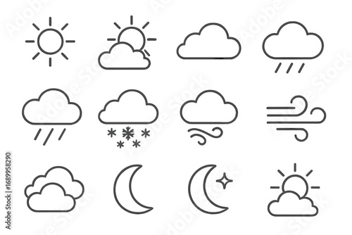 Weather icons set with outline symbols including sun, clouds, rain, snowflakes, wind, moon, and sunny day vector cartoon illustration with transparent background for weather forecast design