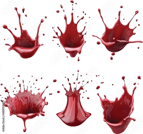 Six red liquid splashes with droplets on white background