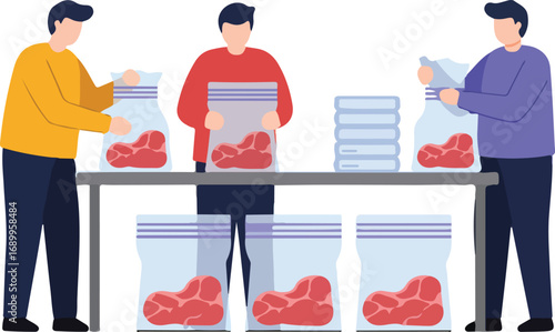 Three people neatly package meat in bags for distribution on a table. Suitable for food packaging, distribution, teamwork concepts.