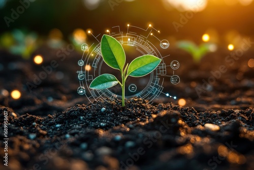 Young green plant sprout growing from dark soil with digital technology interface overlay and glowing golden light bokeh in background