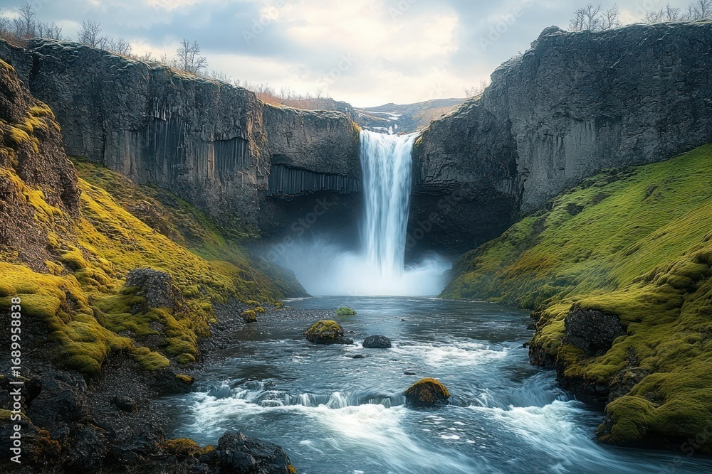 Fototapeta premium Waterfall flowing between moss-covered rocky cliffs into a river with scattered rocks under a cloudy sky