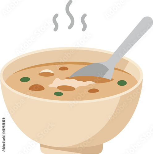 Steaming bowl of soup with a spoon, suitable for food blogs, restaurant menus, recipe websites, culinary social media posts.