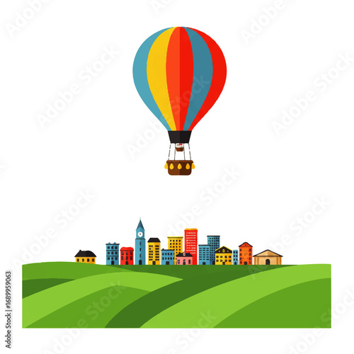 Colorful Hot Air Balloon Flying Over Cityscape.