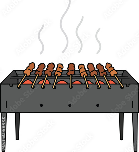 Satay skewers cooking over charcoal on a rectangular grill, perfect for food blogs, culinary websites, or asian cuisine promotions.