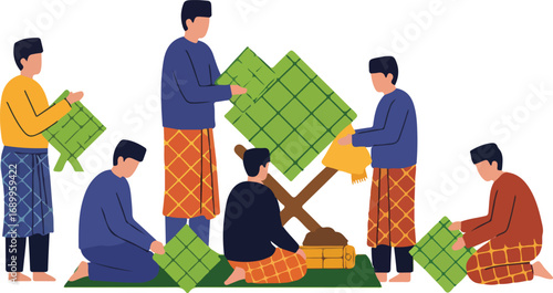 People making ketupat for eid celebration, showcasing the traditional process. Ideal for cultural and festive concepts in design projects.