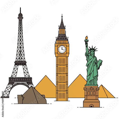 Famous World Landmarks Travel Illustration.