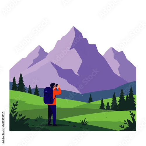 Hiker Exploring Majestic Mountains with Binoculars.