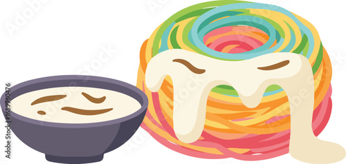 Plate of rainbow spaghetti served with a vibrant side dipping sauce, perfect for food blogs, menus, recipe books, and social media posts.