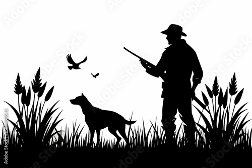 Hunter with rifle walking dog in nature silhouette vector illustration