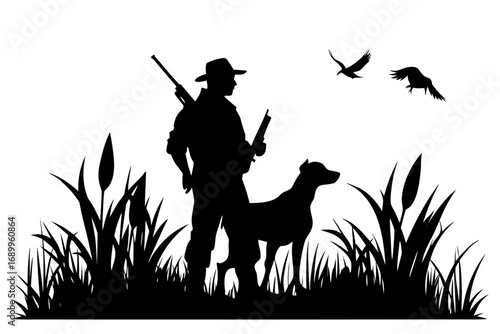 Hunter with rifle walking dog near horse silhouette in nature vector illustration