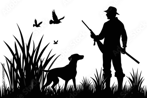 Hunter walking with dog in nature silhouette vector illustration