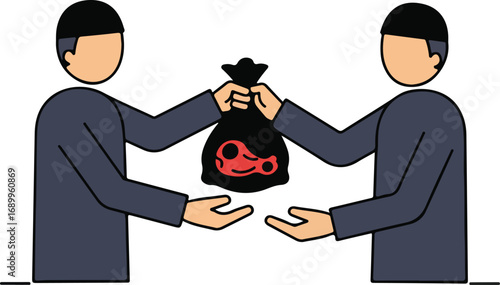 Two individuals trade a money bag with ominous red skull graphics. Financial crime, corruption, and illegal transactions concept ideal for design projects.