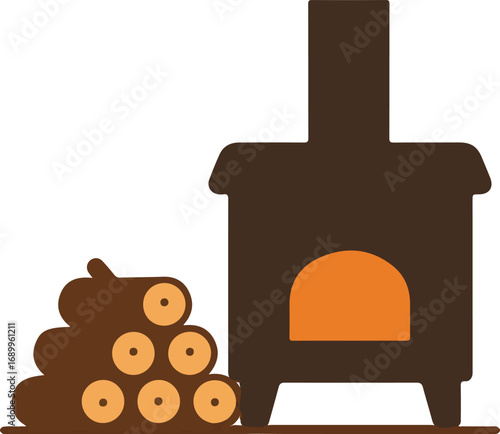 Cozy wood stove and logs for rustic decor or heating product promotions in winter campaigns or forestry industry materials.
