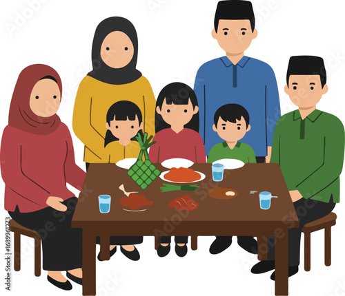 Family gathering for an eid alfitr feast, celebrating with a lavish spread. Perfect for eid alfitr celebration concepts and designs.