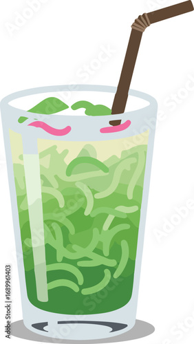 Refreshing cendol drink in a tall glass with a straw, ideal for food and beverage blogs, social media posts, and menus.