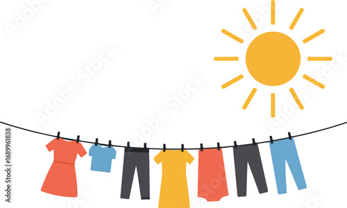 Clothes drying on a clothesline under a sunny sky. Suitable for laundry, summer, outdoors, household themes in design projects.
