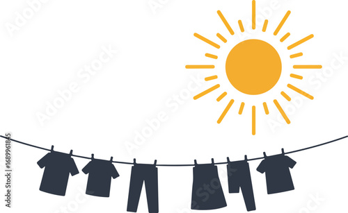 Clothes hanging on line under sun on white background. Suitable for summer designs, laundry products, outdoor apparel promotions, and cleaning services.