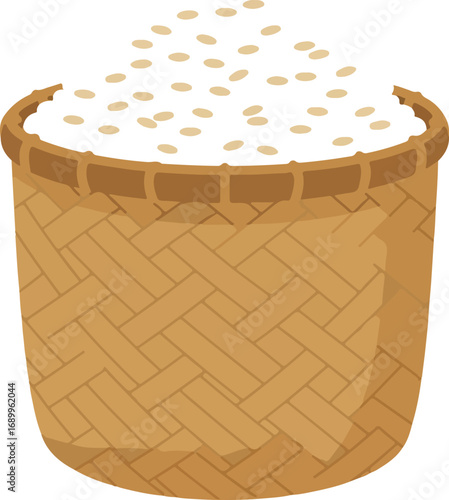 Rice overflowing from a woven bamboo container, suitable for food blogs, thai cuisine websites, or cooking recipes.