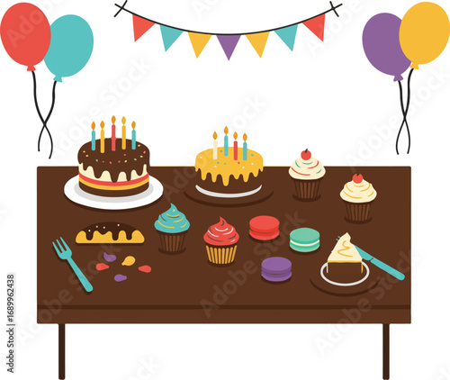 Table filled with assorted cakes, cupcakes, and party decorations, perfect for birthday, baby shower, or celebration event concepts. Festive and colorful display.